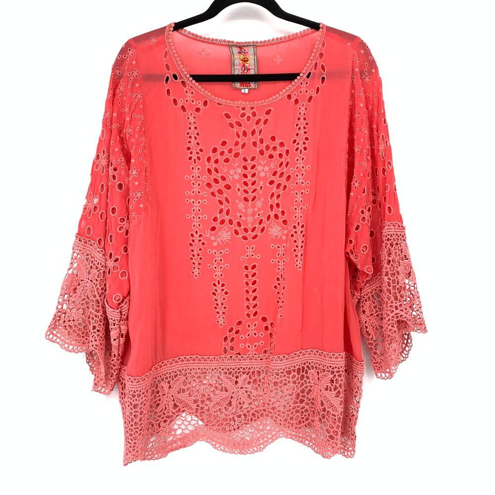 Johnny Was Round Neck Embroidered Crochet Lace Trim Blouse Womens L Coral Pink